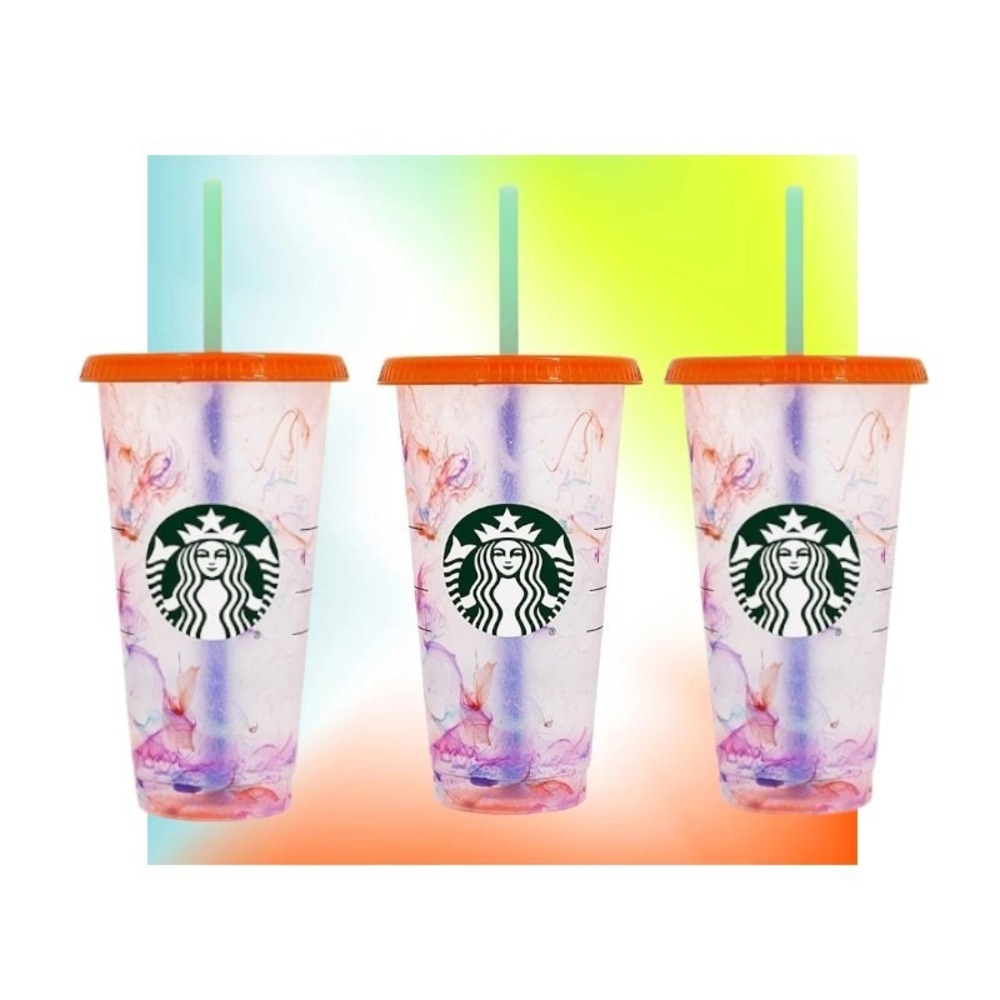 Starbucks 2021 Color Changing Confetti Swirl 24oz Reusable Cold Cup Set of 3 New